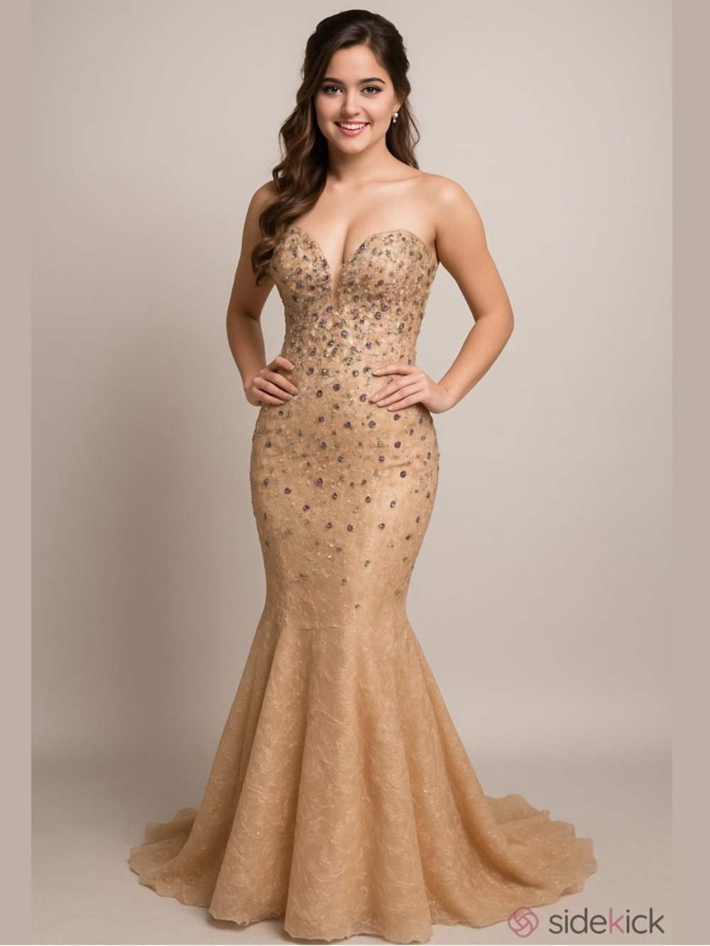 Va Va Voom Strapless Mermaid Lace Nude Crystal Embellished Evening Prom Gown